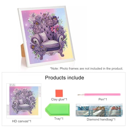 Image of AiYuanzsh Purple Floral Sofa Diamond Art Kits for Adults, 5D Special Shape Crystal Rhinestone Diamond Painting, DIY Diamond Art Kits for Beginners, Home Wall Decoration Gift, 12x12 Inch