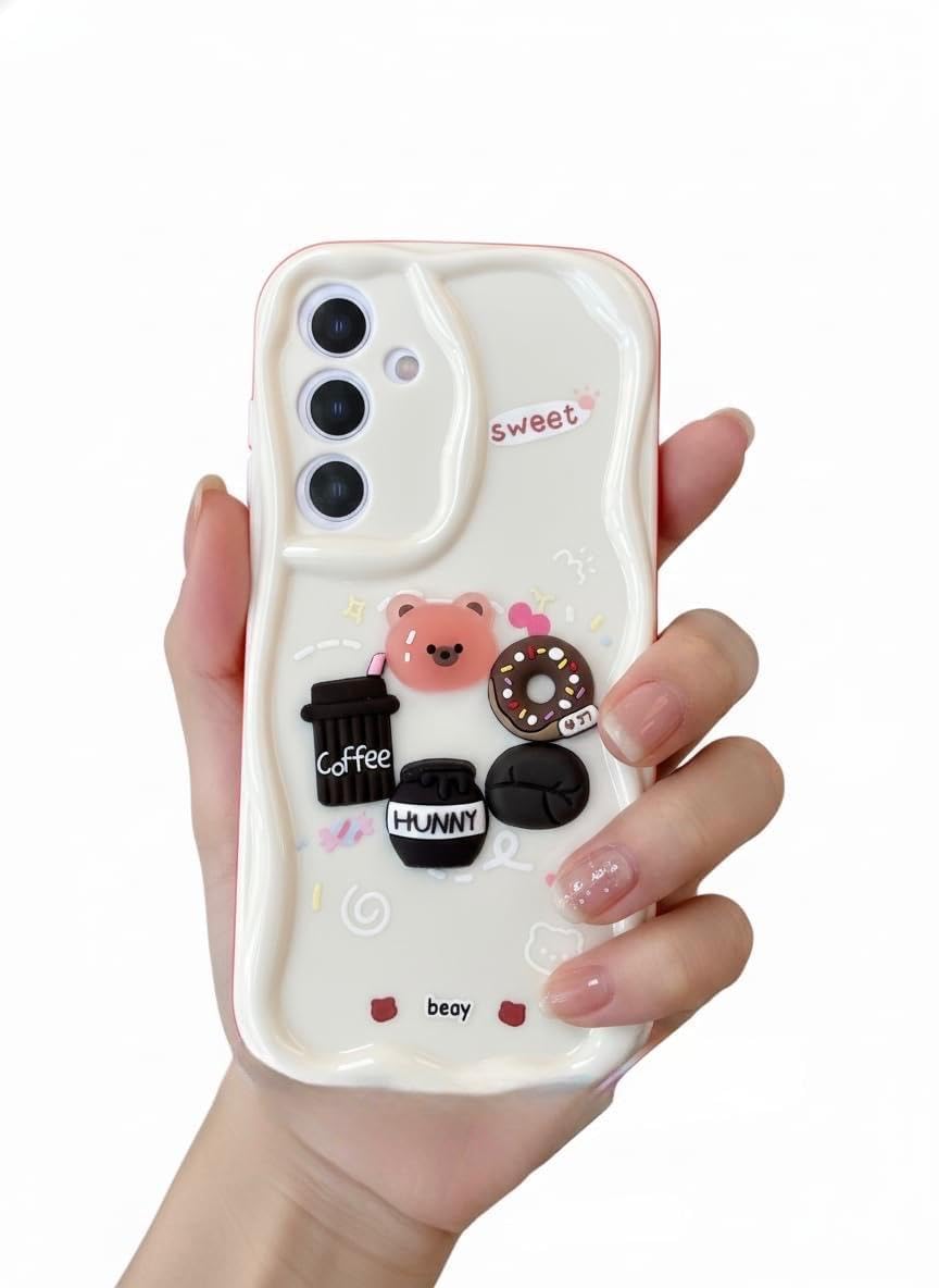 for Samsung Galaxy A17 5G 3D Cute Hunny Coffee Bear and Donut Soft Case with Soft Silicone Design Drop Protection Case for Women Girls Back Cover for Samsung Galaxy A17 5G (White)-image-45