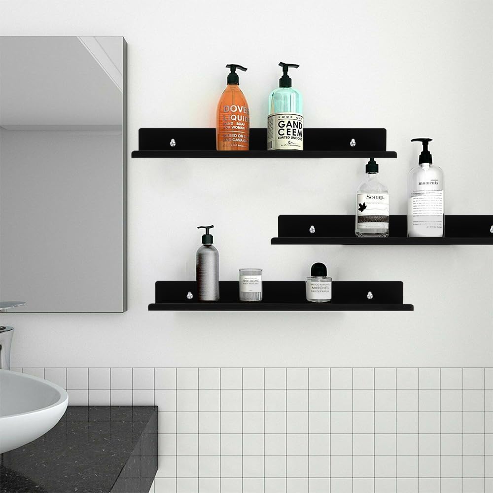 4 Stück Wandregal Schwarz Metall, Schweberegal, 40 x 10 x 4 cm | mit Schrauben und Haken, Küchenregal Wand Schwarz, Metallregal Schwebende, für Wohnzimmer, Küche, Bad, Schlafzimmer, Büro