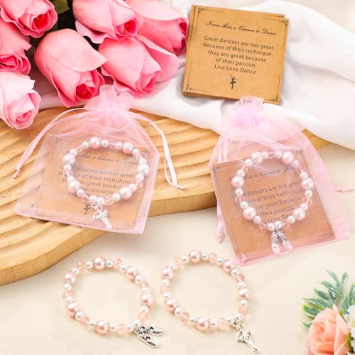 Quelay 16 Set Dance Bracelet Recital Gifts for Women with Greeting Card and Organza Bag Sparkle Pink Ballet Bracelet Charms Ballerina Gift for World Dance Day Team School Ballet Competition Lover4