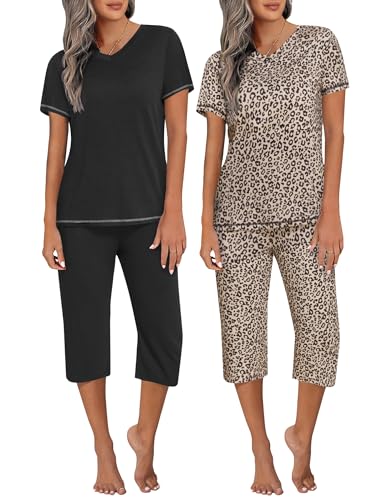 Ekouaer 2 Pack Women's Pajama Sets Short Sleeve Two-Piece Pjs V Neck Tops & Capri Pants Printed Lounge Sets S-3XL