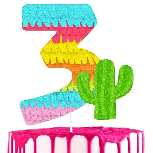 Decoración para tarta de tercer cumpleaños de piñata mexicana, perfecta para una fiesta de cumpleaños temática mexicana de niño o niña, fiesta temática de piata, fiesta de aniversario o decoraciones