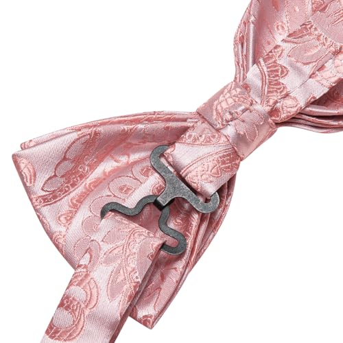 Image of Hi-Tie Blush Pink Pre-Tied Bowties for Men Silk Paisley Clip On Mens Bowtie Pocket Square Cufflinks Set for Wedding Party