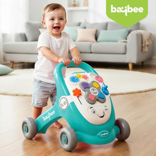 Image of Baybee Oleo Baby Walker for 6-18 Months | Activity Push Walker with Music & LED Lights | Stable Wheels, Easy Grip Handle | Educational Walker for Boys & Girls 0-2 Years (Green)