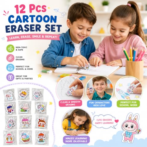 Image of Radiance Cartoon Bunny Rubber Eraser Set, Pack of 12, Random Design, for School, Drawing & Sketching, Return Gifts (Random Design)