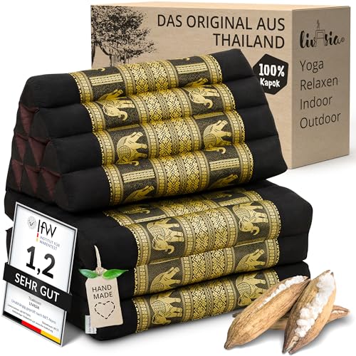 livasia Thaikissen 3 Auflagen Thaiseide - 175x55x8cm - Dreieckskissen mit Klappmatratze, Rückenkissen faltbar, Thaimatte zum Klappen, Kapok handgefertigt, Meditationskissen (Schwarz/Elefanten Seide)