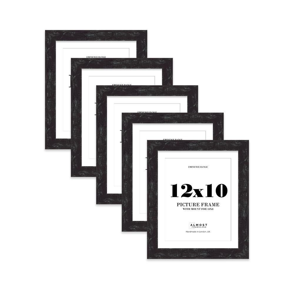 12x10" Distressed Black Picture Frame with 10x8" Mount - Aged Photo Frame with Distressed Finish, Wall Hooks and Kickstand, 32mm Edge - 5 Pack