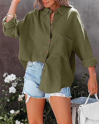 Image of NOLLSOM Casual Shirts for Women Long Sleeve Button Down Blouses Fall 2026 Solid Color Trendy Tops with Pocket