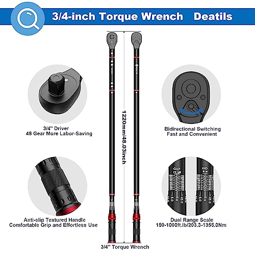 Image of SUERCUP 3 /4-inch Drive Click Torque Wrench,150-1000ft.lb /203.3-1355Nm | ±3% Accuracy, Heavy Duty Torque Wrench, Professional, Dual Direction, 48-Tooth, for Wind Turbines, Dockyards, Truck Repair