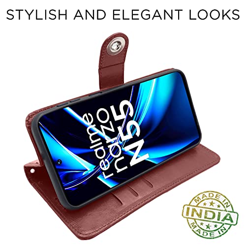 Image of Pikkme Realme Narzo N55 / Realme C55 Flip Cover Leather Finish | Inside TPU with Card Pockets | Wallet Stand and Shock Proof | Complete Protection Button Flip Case (Brown)