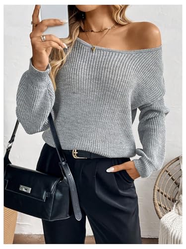 Image of BEAUDRM Women's Bow Tie Backless Sweaters Long Sleeve Crew Neck Drop Shoulder Cable Knit Sweater Women Grey Large