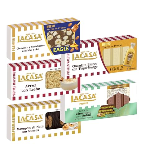 Pack Surtido 5 Turrones Lacasa:Mazapán de Nata con Nueces,Arroz con Leche,Blanco con Tequi Mango,Chocolate estilo Dubai,Cacahuete Eagle