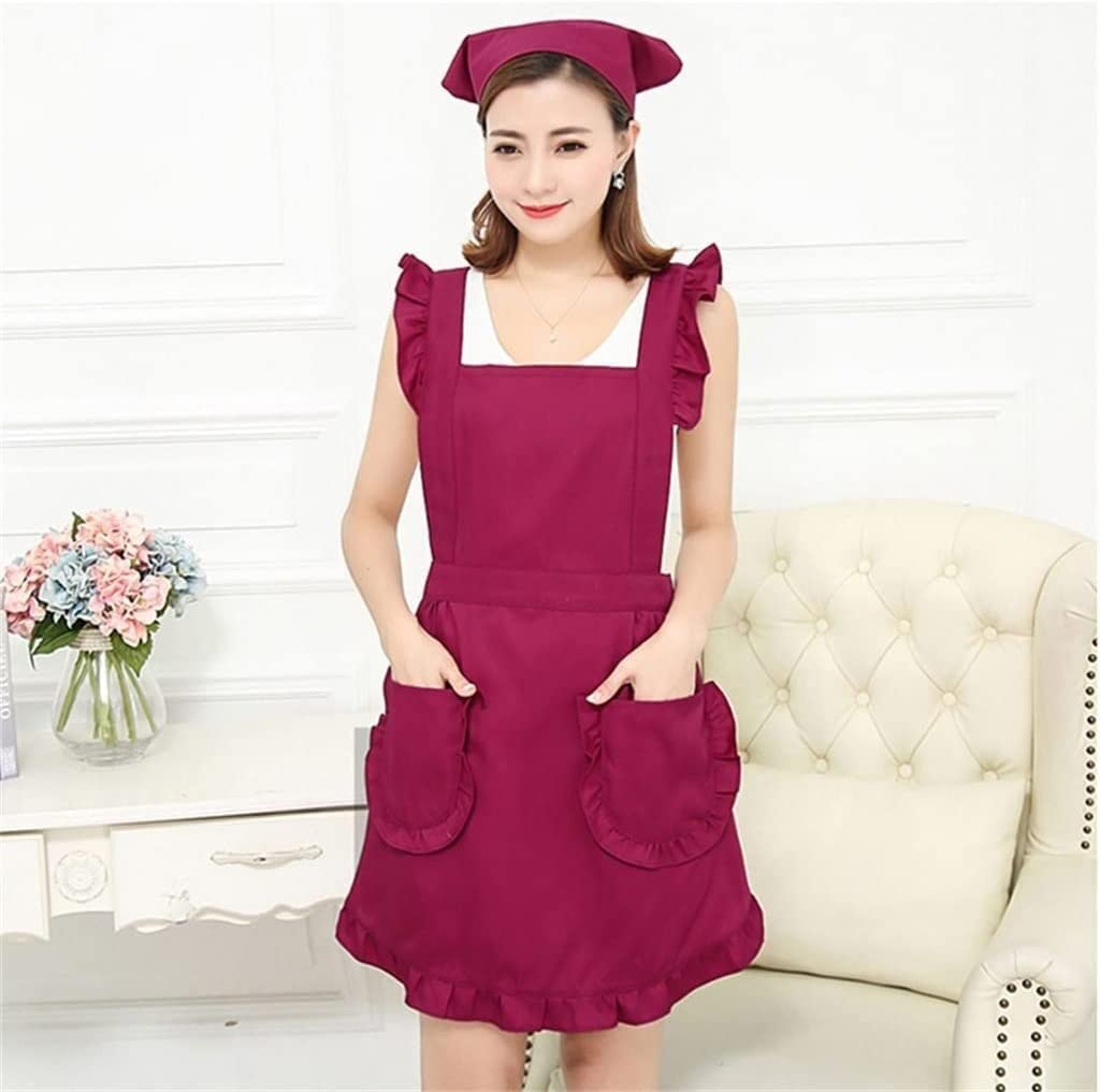 Grembiule, Grembiule da Cucina da Donna Grembiule da Cucina in Cotone Grembiule da Lavoro da Cucina for Negozio di Unghie da Donna (Colore : Rosso Scuro, Dimensioni : 88 * 86cm)