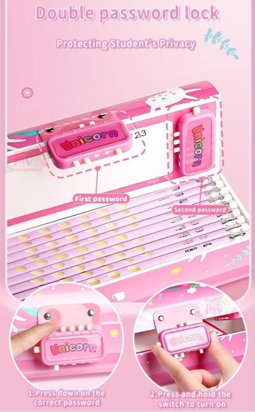 Image of WORSHIPER New Cartoon Theme Pencil Box with Push Pull Eraser Set for Kids | Suitcase Style Password Lock Stationery Organizer | School Supplies Gift Combo for Boys & Girls (Blue Unicorn + Eraser)