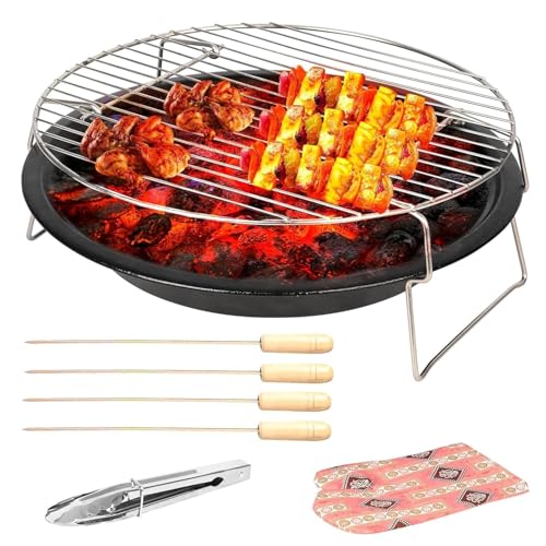 Pivalo Round Charcoal Barbeque Grill Set | Tandoori BBQ for Home & Outdoor Use | 4-Piece Combo | 4 Skewers | 1 Glove | 1 Tong | Foldable BBQ for Camping, Picnic & Travel Cooking (Pack of 1, Black)