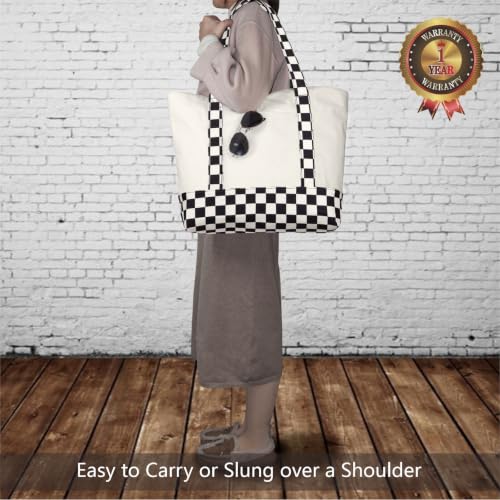 Image of TOPDesign 1-Pack Canvas Tote Bag with an External Pocket, Reusable Grocery Shopping Bag, Top Zipper Closure, Daily Essentials (Checkerboard /Natural)
