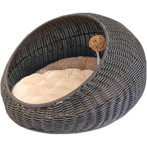 Holowa 手編みの猫ペットの巣 籐編み 犬小屋 猫の巣 ハンモック 猫用 ペット キャットハウス クッション付き おしゃれ ラタン ハウス 猫用ベッド 室内用 夏用 取り外して洗える 可愛い キャットベッド (40cm,グレー)