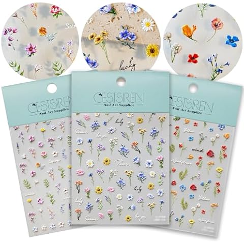 CESTSIREN Flower Nail Art Stickers 3D Embossed Nail Decals for Nail Art Design Self-Adhesive Spring Summer Nail Accessories for Women Nail Art Supplies 3 Sheets Cover