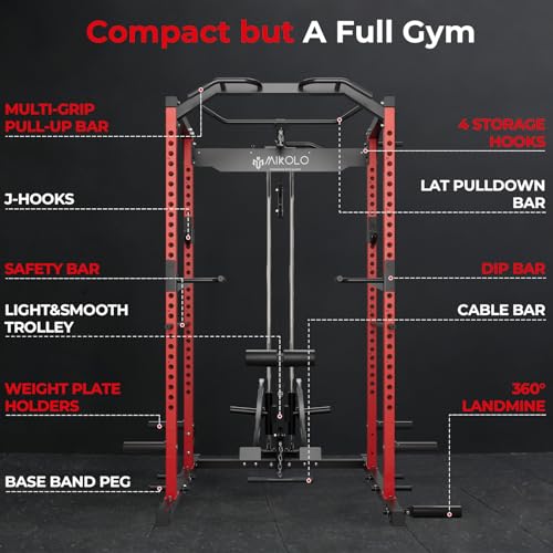 Image of Mikolo F4 2.0 Power Cage with Dual-Track Smooth Pulley System, 1200LBS Power Rack with Leg Hold-Down for Heavy LAT Pulldowns (Red, F4 2.0 Package)
