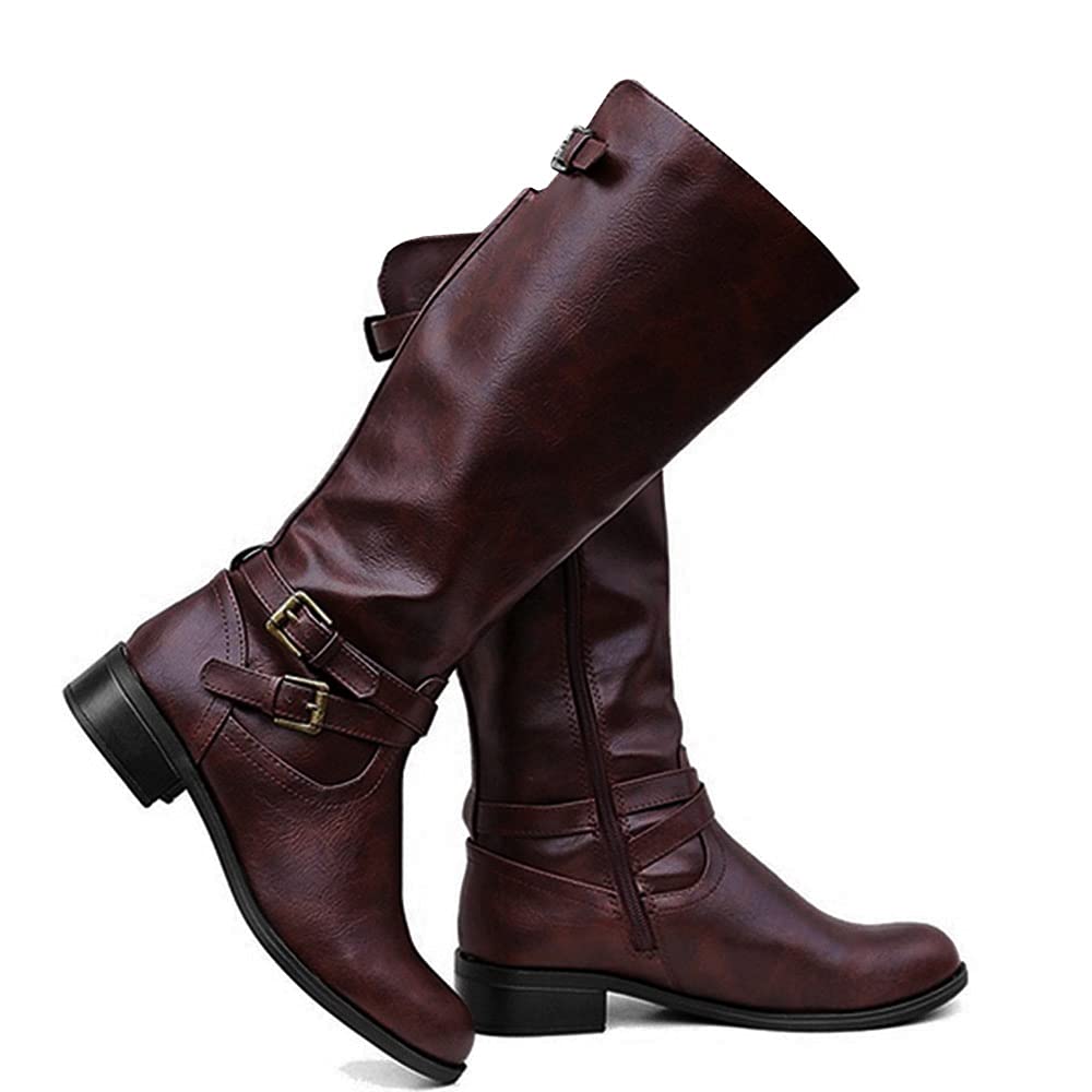 Womens Knee High Boots Chunky Low Flat Heel Side-Zip Back Lace-Up Buckle  Faux Leather Riding Footwear Fashion Fall Winter Boots, Wine,