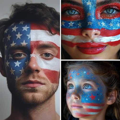Image of BADCOLOR 3PCS Blue White Red Face Body Paint Stick, Cream Blendable Eye Black for Softball Football Baseball Lacrosse American Flags, Professional Face Painting for Halloween SFX Independence Day