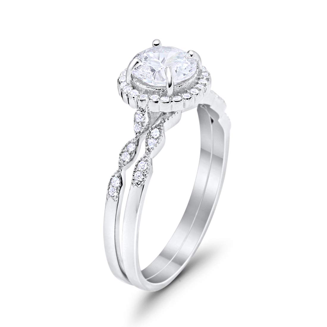 Blue Apple Co. - Anillo de compromiso de dos piezas con halo art déco, circonita cúbica de imitación redonda, plata de ley 925