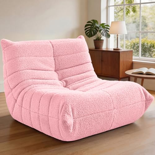 Image of Bean Bag Chairs Fireside Lazy Floor Sofa,Single,Pink | Soft Teddy Fleece Bean Bag Sofa with High-Resilience Foam Filling,Beanbag for Living Room, Bedroom, Office