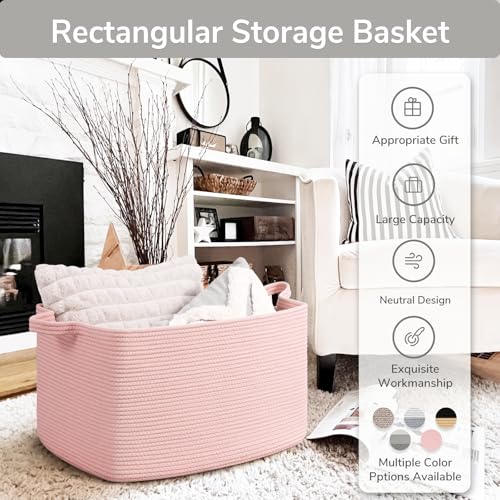 Goodpick Large Blanket Basket, Woven Baskets for Storage, Large Baskets for Organizing, Rectangle Toy Basket for Nursery, Bedroom, 21.6" x 14.9" x 11.8", Pink