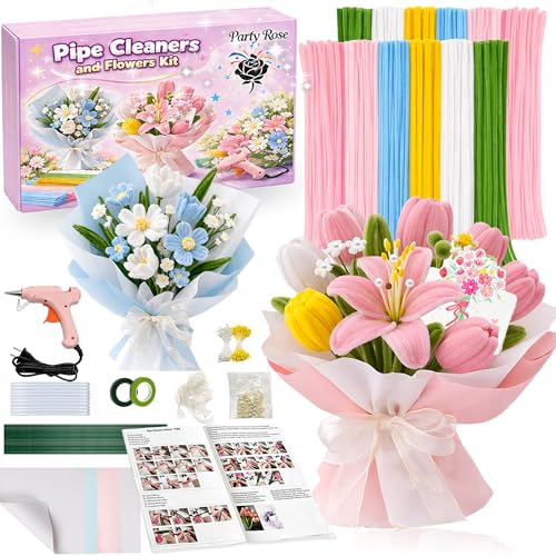 Party Rose 650PCS Pipe Cleaners Craft Pipe Cleaner Bulk Flower Kit 6 Colors Chenille Stems Flower Making Kit with Floral Wires Gardening Tape Stamens