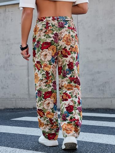 Men's Printed Floral Embroidery Drawstring Belt Straight Leg Pants Trendy Retro Fashion Streetwear Slant Pocket Trousers2