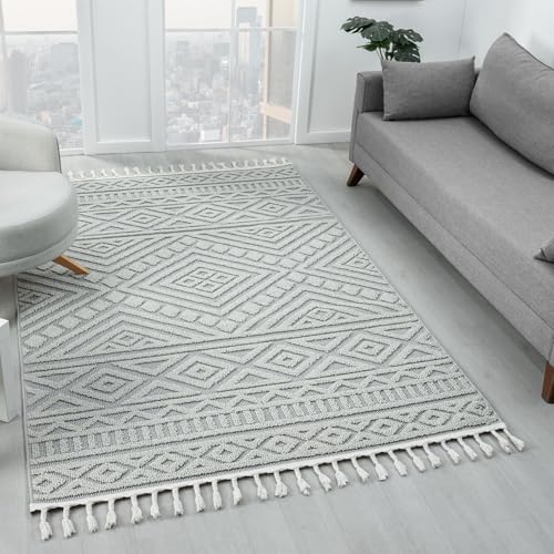 VIMODA Teppich Boho Wohnzimmer, Schlafzimmer, Fransen Skandinavisch, Waschbarer Teppich 3D, Farbe:Grau, Maße:80x150 cm