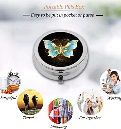 Pill Box Round Silver Pill Case Portable Medicine Tablet Holder Pill Organizer Decorative Travel Pocket Or Purse Golden Butterfly #TOP3