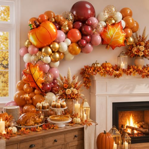 Image of Thanksgiving Fall Balloon Arch Garland Kit, Orange Balloon Arch with Leaf Foil Ballon Dusty Pink Burgundy Burnt Orange Baloon for Autumn Birthday Hello Fall Shower Party Decorations