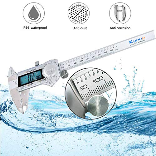 Kynup Digital Caliper, Caliper Measuring Tool with Stainless Steel, IP54 Waterproof Protection Design, Easy Switch from Inch Metric Fraction, Large LCD Screen (6 Inch /150mm)