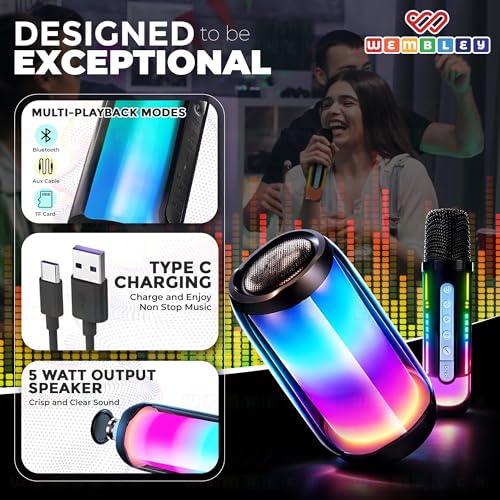 Image of Wembley Bluetooth Speakers Wireless | Rechargeable Karaoke Mic with Speaker | Portable Karaoke System for Home | Mic for Kids for Singing | Mike for Kids with Speaker | RGB Lights | 5 Voice Effects