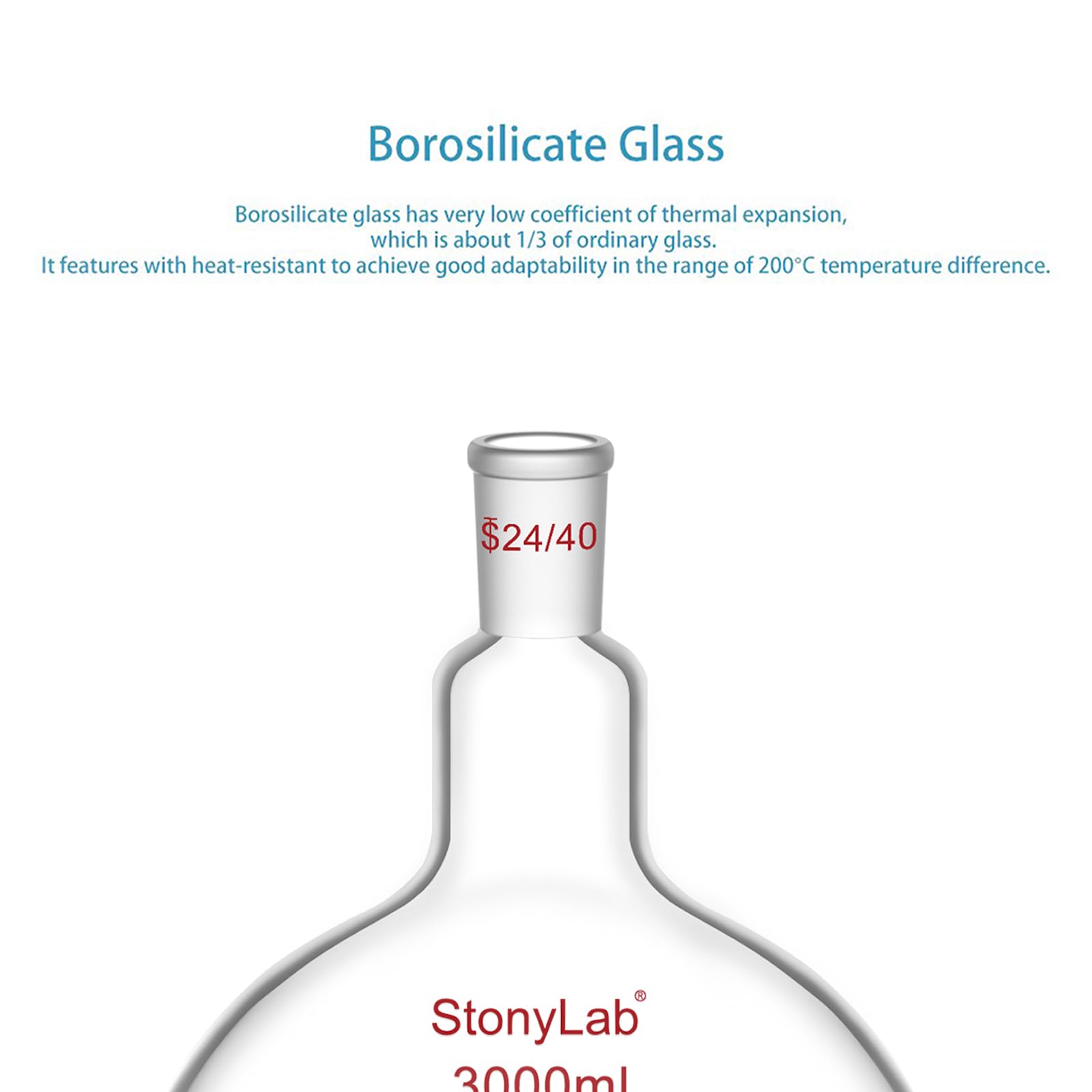 stonylab de Vidrio de Borosilicato de 3000ml Frasco de Ebullición Inferior Plano de Cristal, con Junta Exterior Cónica Estándar 24/40-3000ml