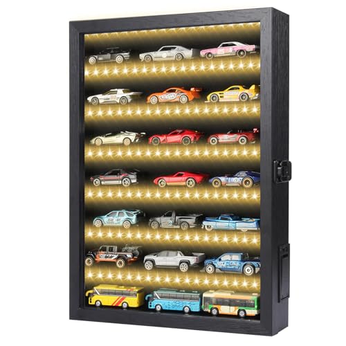 1/64 Model Cars Display Case with LED Light, Black Wall-Mounted Diecast Car Display Case for Mini Toy Cars and Model Cars, 16x12x2 inch Collector Storage Rack, Compatible with 1/64 Diecast Car