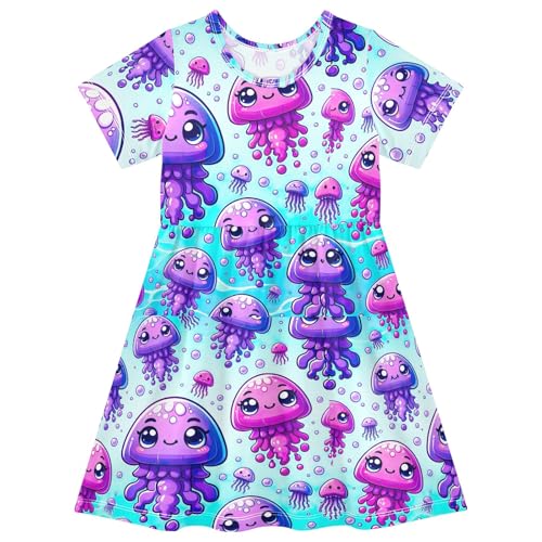 CHIFIGNO Cute Cartoon Jellyfishes Teal Girls Dress Short Sleeve Casual Summer Dress Crewneck Summer Clothes for Girls