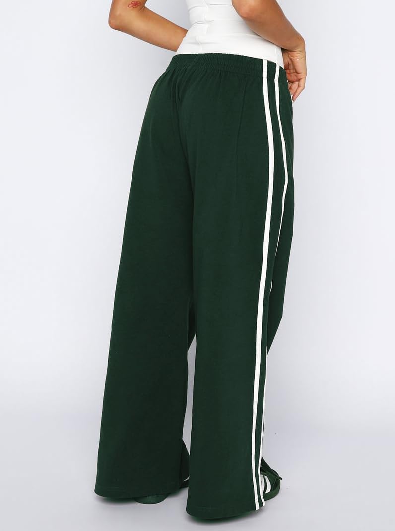 Women's Elasticated Waistband Side Pockets Double Stripe Split at Bottom Hem Wide Leg Pants
