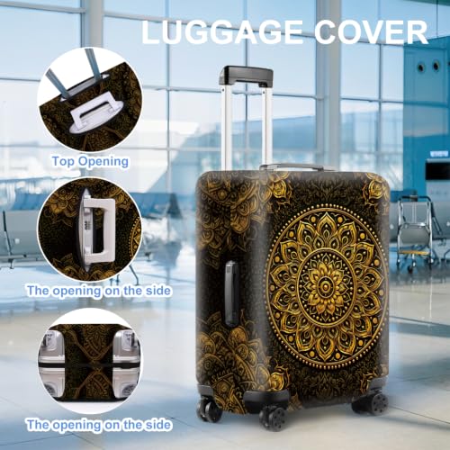 Image of Luxury Gold Mandala Luggage Cover Protective Suitcase Protector, Vintage Bohemian Floral Elastic Washable Travel Baggage Cover Fits 24-26 Inch Suitcase, Elegant Gold and Black Design,M