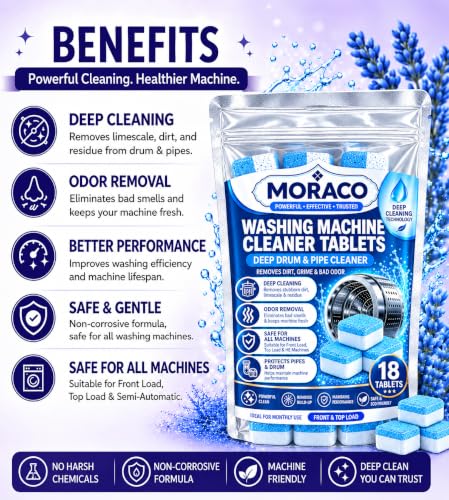 Image of Washing Machine Cleaner Descaler 18 Pack - Deep Cleaning Tablets For HE Front Loader & Top Load Washer, Clean Inside Drum And Laundry Tub Seal (Washing Machine Cleaner Tablets - 18 Pack)
