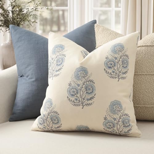 Image of YCOLL Vintage Floral Print Pillow Covers 18x18 Set of 2 Patterned Accent Decorative Cushion Covers Modern Farmhouse Throw Pillow Covers for Sofa Couch Chair Bed Living Room Home Decor, Light Blue