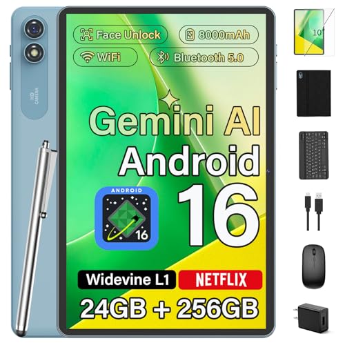 Android Tablet with Keyboard, 2026 Upgraded Android 16 tablet with 24GB+256GB+2TB Expand, 10 inch Tablet PC with 8-Core, Gemini AI, WiFi, 8000mAh, GPS, 2-in-1 Tablet with Case/Mouse/Stylus(Black Case)