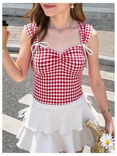 SweatyRocks Girl's Bow Plaid Print Tank Tops Cute Ruched Sweetheart Neck Vest Top3