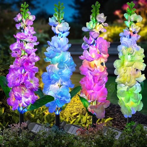 Qoosea Lampade Solari da Giardino, 4 Pezzi 4 Colore Luci Fiore Solare, 2 Modalità Luci Solari da Giardino Decorative con 80 LED, Impermeabile Decorazioni di Patio,Nozze,Gazebo,Regalo Festa Della