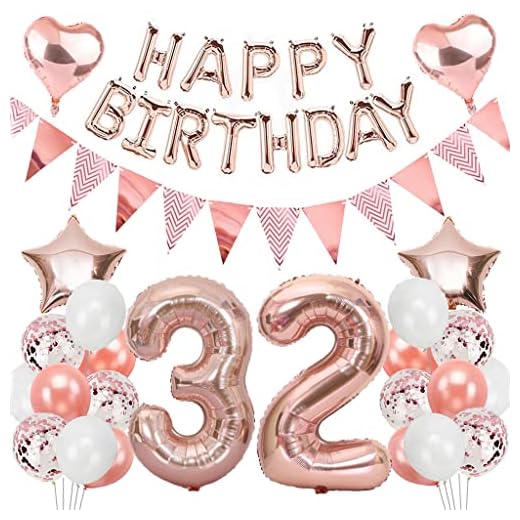 Ouceanwin 32 Años Decoracion Cumpleaños Oro Rosa, Decoracion Fiesta de Globo 32 Cumpleaños Mujer, Happy Birthday Globos Letras, Globo de Cumpleaños Fiesta Decoración para Mujeres Adultos