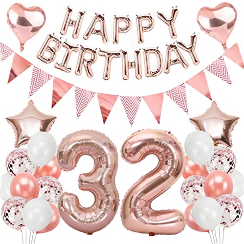 Ouceanwin Decoration Anniversaire 32 ans Femme, Ballons Anniversaire Femme, Or Rose Guirlande Joyeux Anniversaire, Ballons Chiffre 32, Kit de Fournitures de Fête pour 32 ans Anniversaire Adultes