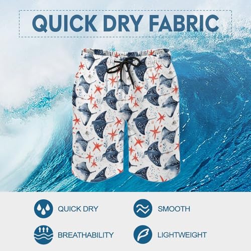 Hawaiian Shorts for Men - Blue Manta Ray Starfish Print Quick Dry Mens Swim Trunks Bathing Suits with Mesh Lining3