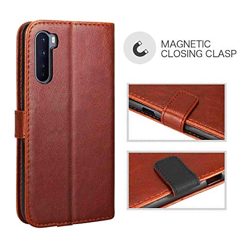 Image of Flip Cover Compatible with OnePlus Nord | Premium Leather Finish | Inbuilt Pockets & Stand | Flip Cover Back Case for OnePlus Nord (Brown)