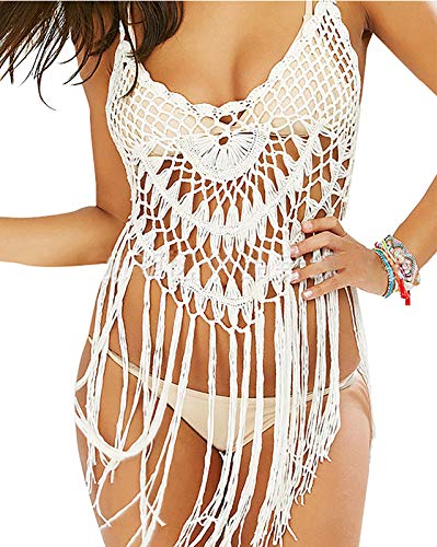 shermie Women's Handmade Crochet Swimsuit Cover UPS Short Halter Beach Dresses with Tassels - White - XX-Large